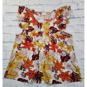 Melloday Anthropologie WOMENS L Orange Yellow Floral Sleeveless Top Cottagecore